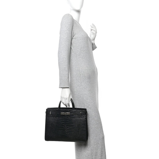 Shiny Calfskin Crocodile Embossed Small Manhattan Shopper Tote Black