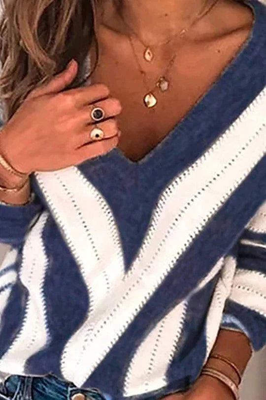 Suéter holgado de gran tamaño con cuello en V, rayas y bloques de color