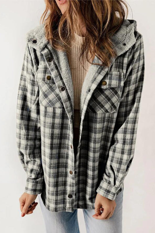 Chaqueta informal con capucha y bolsillo de manga larga a cuadros a la moda