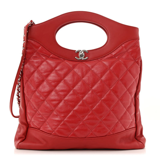Shiny Crumpled Calfskin Quilted 31 Shopping Bag Red