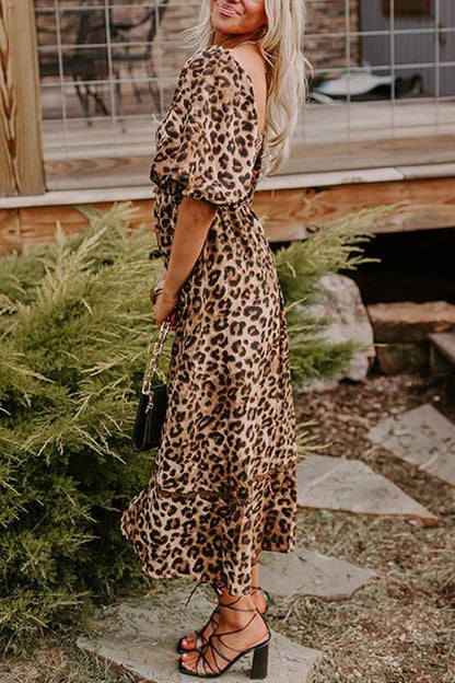 Vestido largo Ricrac con mangas abullonadas y estampado de leopardo marrón