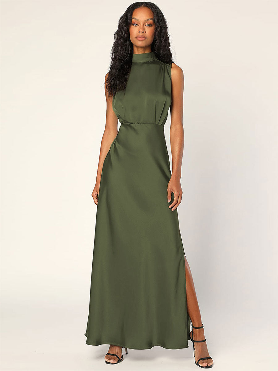 Maxi Dress High Collar Sleeveless Casual Low-slit Long Dress