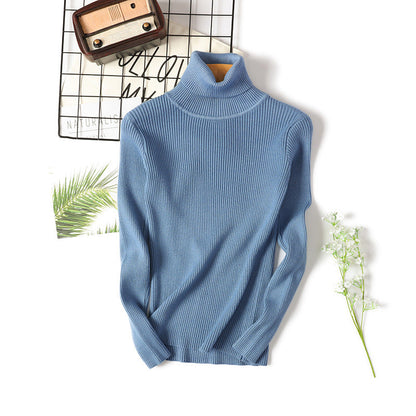 Suéter de cuello alto para mujer, camisa de manga larga ajustada, adelgazante, de color sólido, de punto fresco coreano para mujer