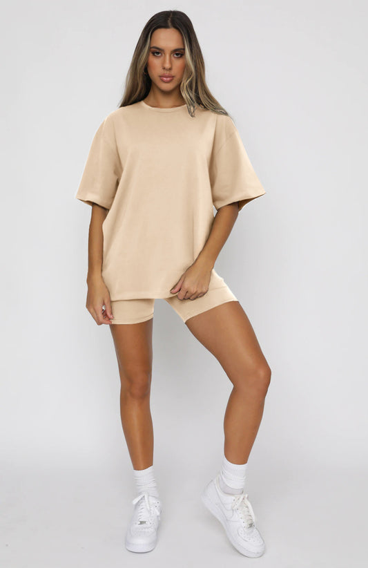Jersey de cuello redondo de manga corta de color liso de verano para mujer