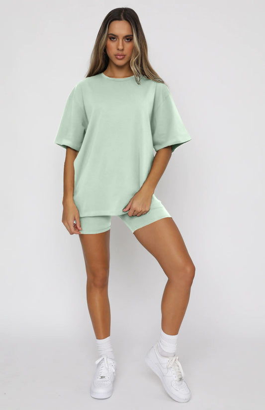 Jersey de cuello redondo de manga corta de color liso de verano para mujer