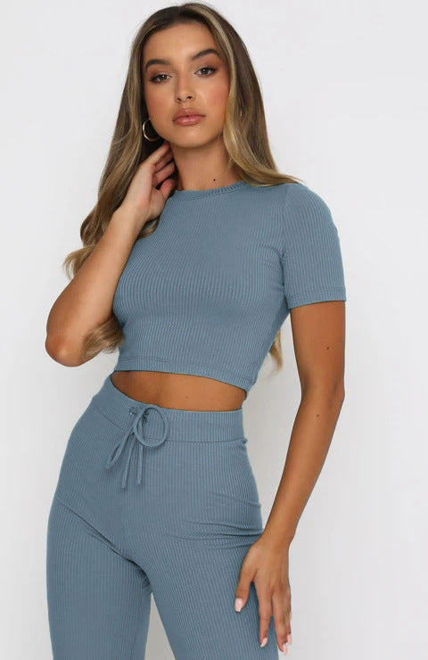 Conjunto informal de dos piezas para mujer, color liso, muy elástico, moldeador corporal, manga corta, rayas hundidas, pantalones de pierna ancha