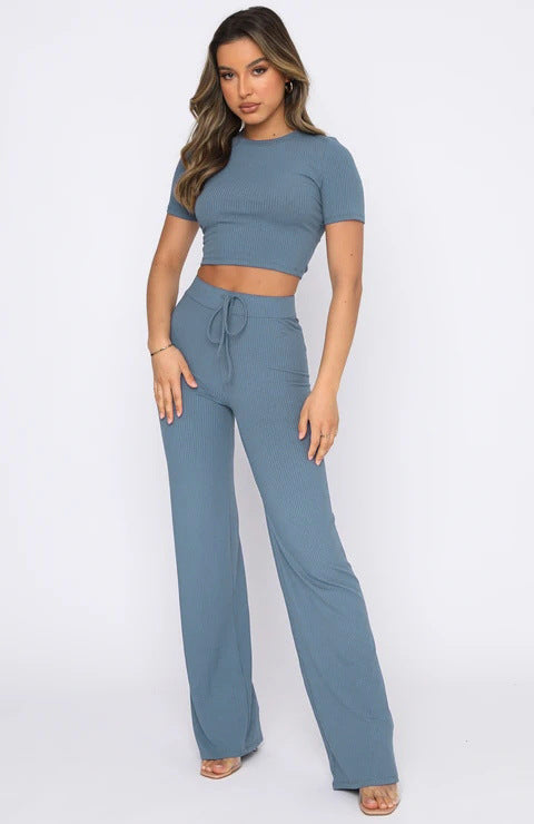 Conjunto informal de dos piezas para mujer, color liso, muy elástico, moldeador corporal, manga corta, rayas hundidas, pantalones de pierna ancha
