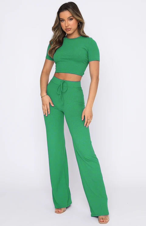 Conjunto informal de dos piezas para mujer, color liso, muy elástico, moldeador corporal, manga corta, rayas hundidas, pantalones de pierna ancha