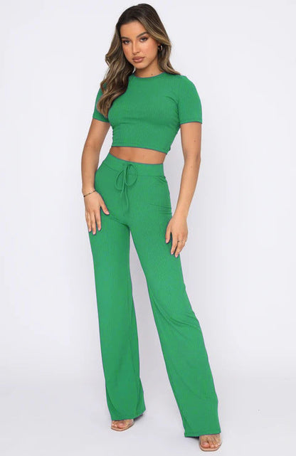 Conjunto informal de dos piezas para mujer, color liso, muy elástico, moldeador corporal, manga corta, rayas hundidas, pantalones de pierna ancha