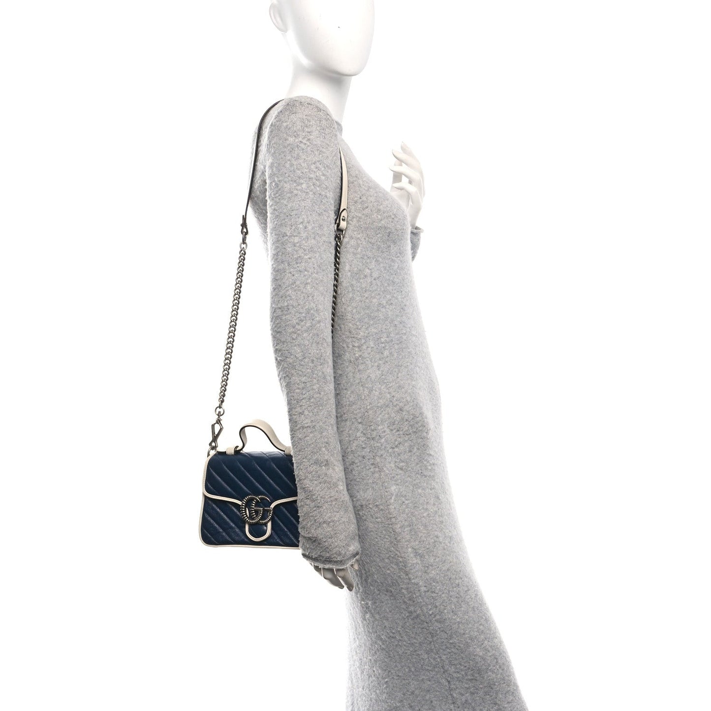 Vintage Effect Calfskin Matelasse Diagonal Mini Torchon GG Marmont Top Handle Shoulder Bag Blue Agata Mystic White