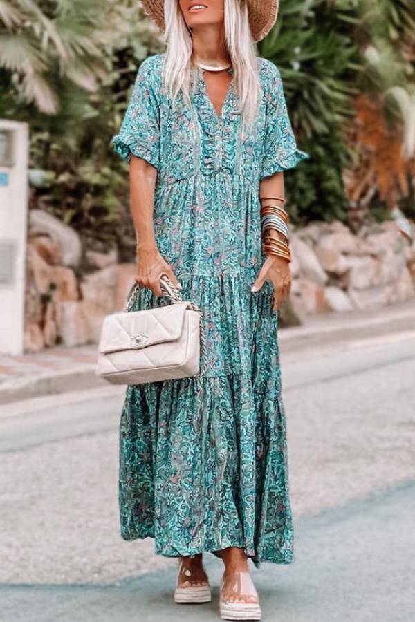 Vestido largo bohemio con cuello en V dividido y estampado paisley en azul cielo
