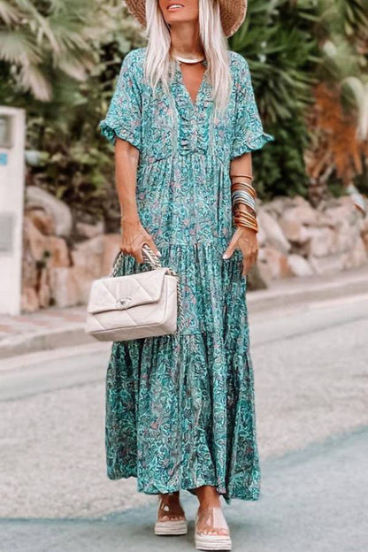 Vestido largo bohemio con cuello en V dividido y estampado paisley en azul cielo