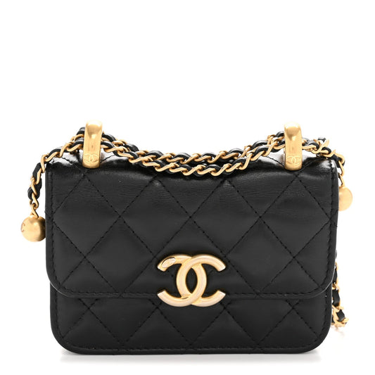 Calfskin Quilted Perfect Fit Coin Purse With Chain Black