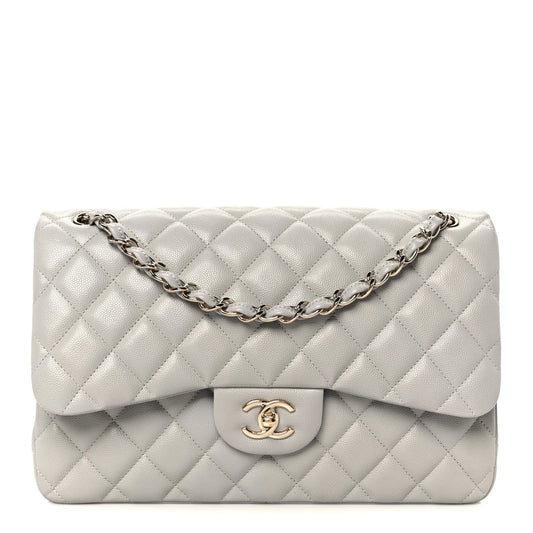 Caviar Quilted Jumbo Double Flap Grey