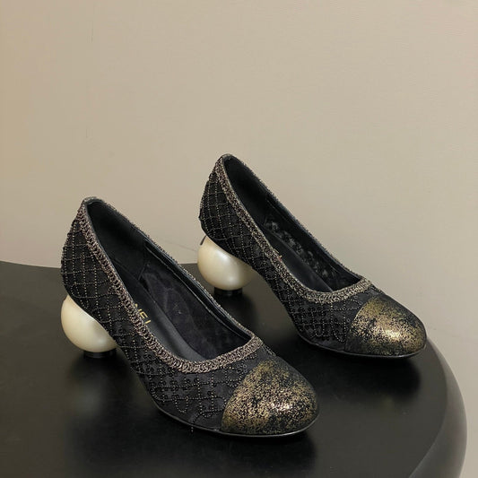 CC 26 Beaded Sequin Pump With Double C Pearl Heel Black Mesh Leather