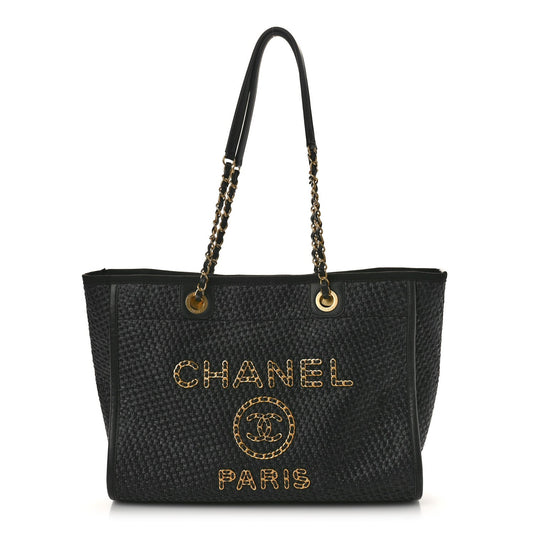 Straw Raffia Calfskin Chain Small Deauville Tote Black