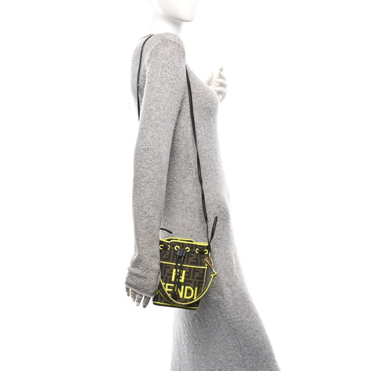 Fabric Jacquard Shiny Nappa FF 1974 Logo Threaded Edge Mini Mon Tresor Bucket Bag Tobacco Moro Giallo Fluo