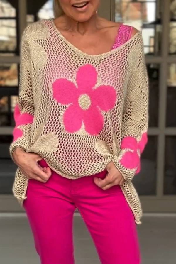 Camisa de punto floral con cuello en V calado Suéter de malla floral