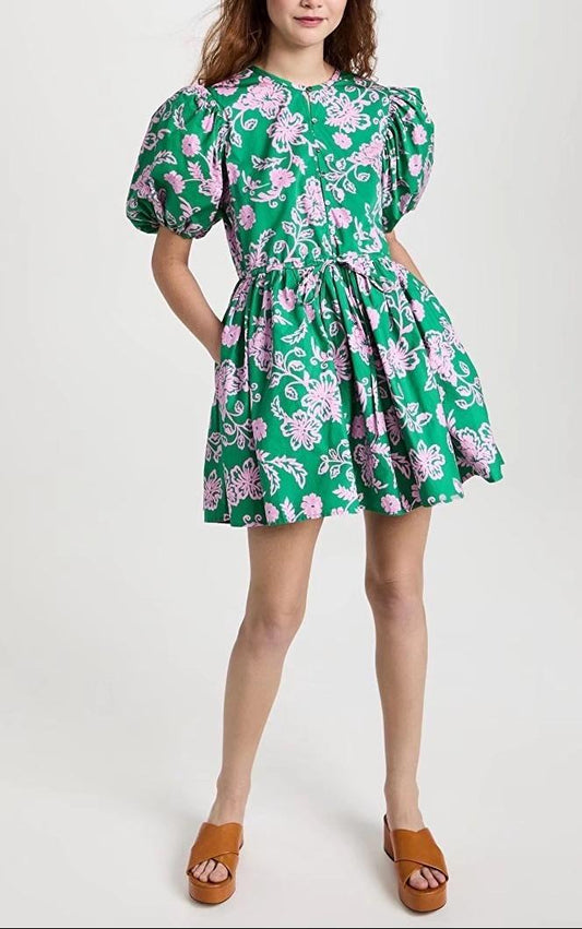 Vestido de primavera para mujer, con mangas adelgazantes, cuello redondo y estampado de línea A.