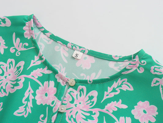 Vestido de primavera para mujer, con mangas adelgazantes, cuello redondo y estampado de línea A.