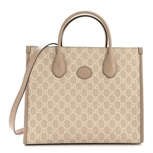 GG Supreme Monogram Textured Dollar Calfskin Small Retro Interlocking G Tote Bag Beige Mystic White Oatmeal