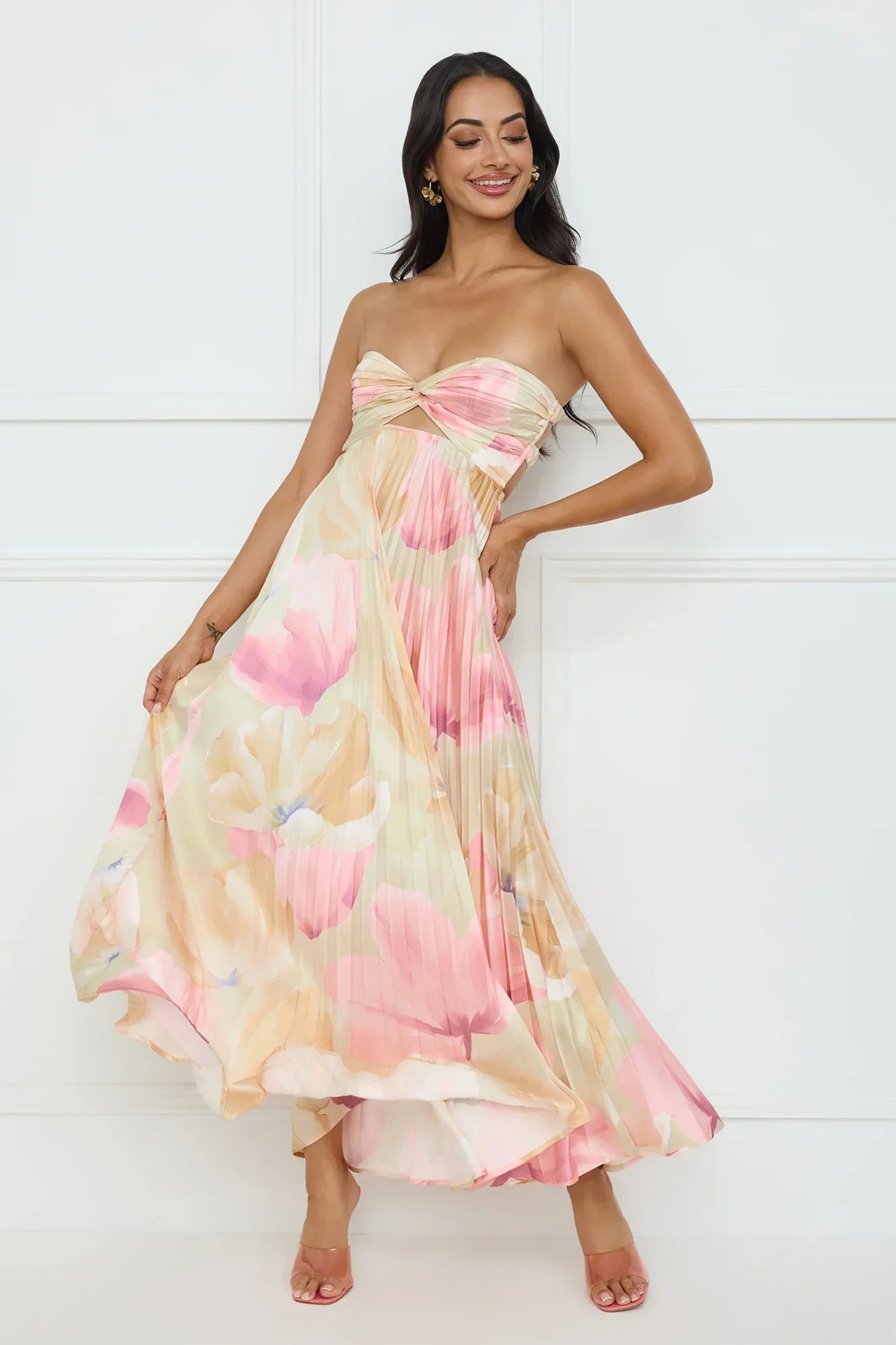 Sea Goddess Strapless Satin Maxi Dress