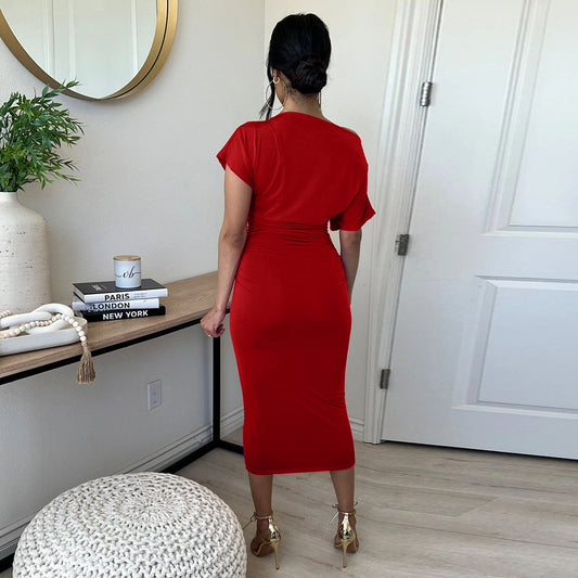 Women Clothing Popular Solid Color Pleated Slim-Fit Oblique Shoulder Dress