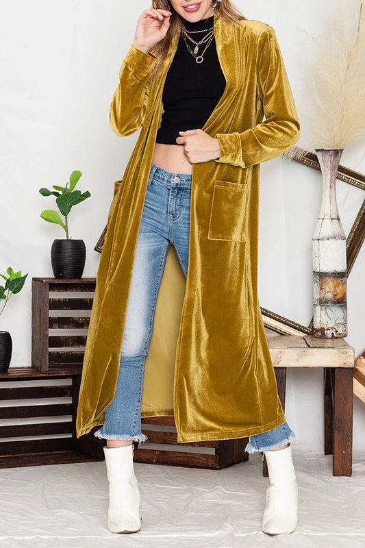Cárdigan largo elegante de terciopelo amarillo con bolsillo frontal abierto