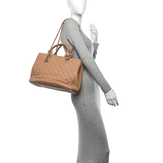 Caviar Quilted Large Urban Companion Top Handle Shopping Tote Beige