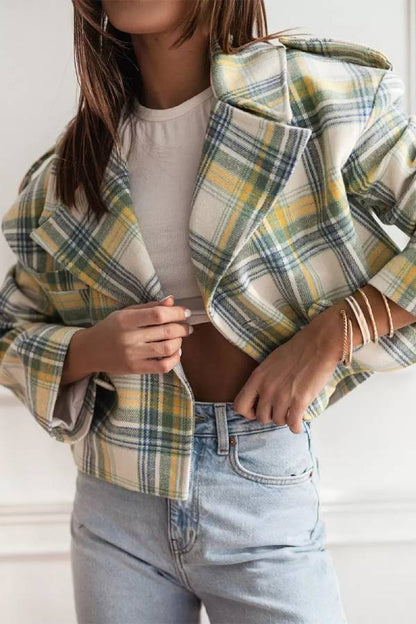 Chaqueta con estampado de cuadros y cuello vuelto para mujer, otoño/invierno