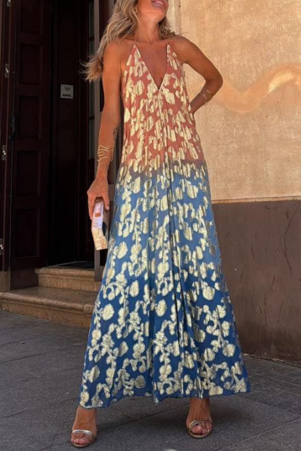 Vestido largo Bianca con cuello halter, corte A y estampado floral dorado degradado con efecto tie-dye