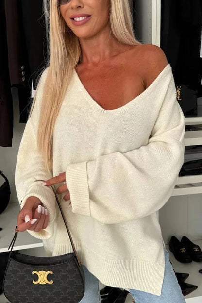 Suéter holgado irregular de manga larga con cuello en V y color liso para clima frío 