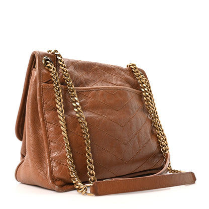 Crinkled Calfskin Matelasse Monogram Medium Niki Chain Satchel Caramel