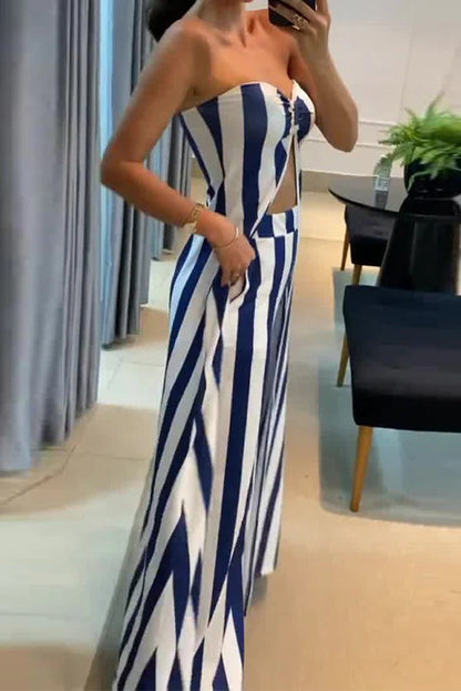 Conjunto de top largo informal con hombros descubiertos y estampado de rayas y pantalones rectos con bolsillos sueltos
