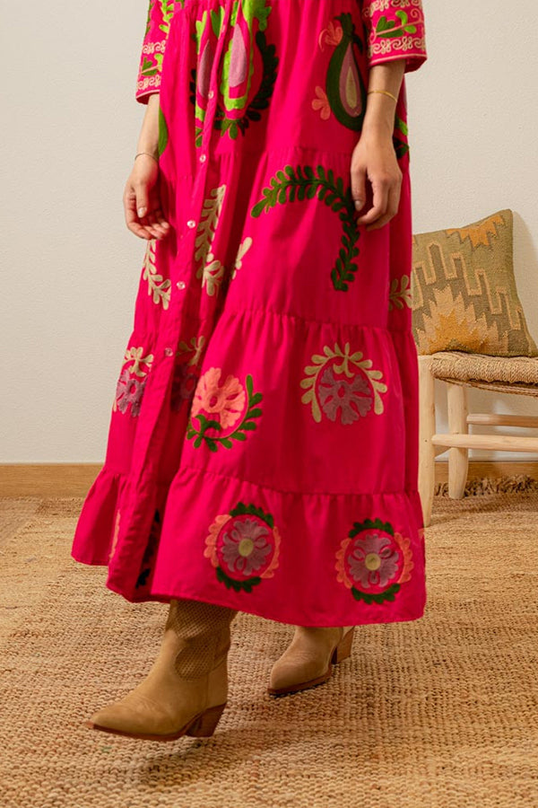 VESTIDO CAMISA FLORES ROSA FUCSIA 