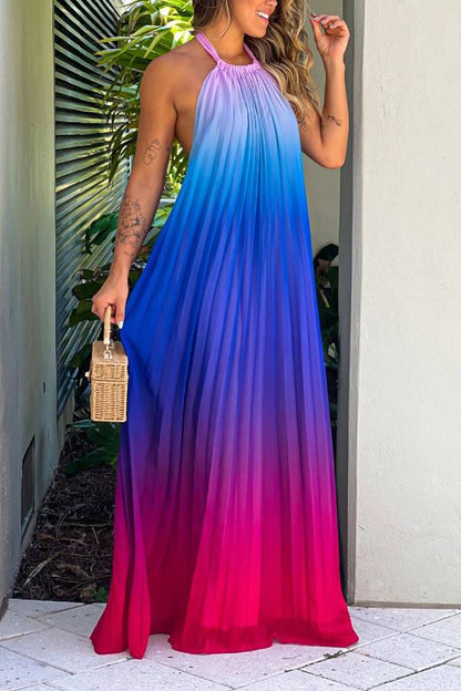 Vestido largo con cuello halter rosa y morado 