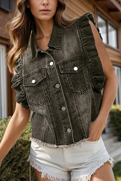 Chaqueta vaquera holgada con solapa y mangas con volantes, elegante y de un solo pecho 