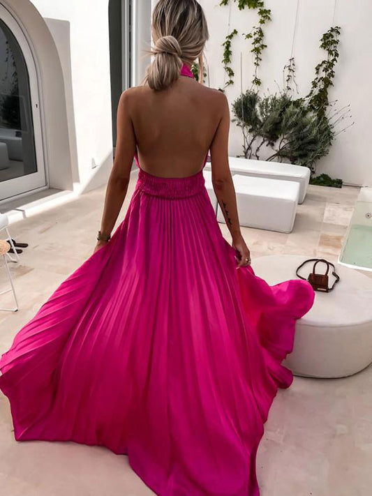Halter Maxi Dress Sleeveless Casual Backless Pleated Floor Length Dress