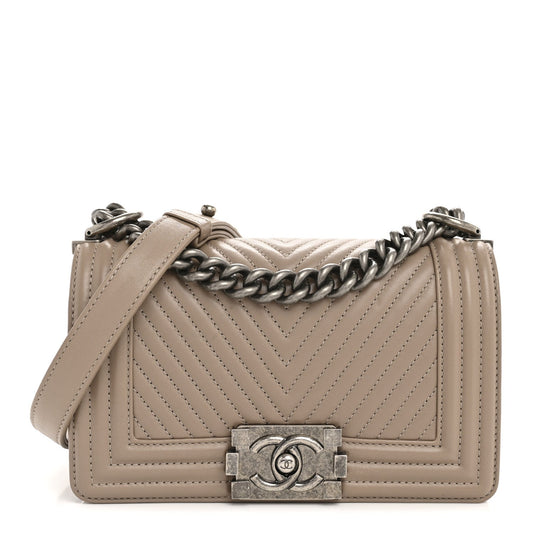 Calfskin Chevron Quilted Small Boy Flap Dark Beige