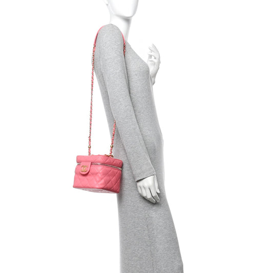 Calfskin Quilted Small Vanity Case With Chain Coral Pink