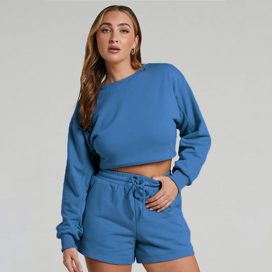 Solid Color Long Sleeve Sweaters Women Clothing Short Two-Piece Casual Shorts Suit