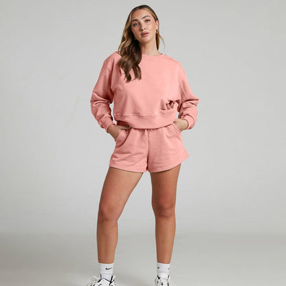 Solid Color Long Sleeve Sweaters Women Clothing Short Two-Piece Casual Shorts Suit