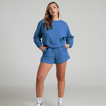 Solid Color Long Sleeve Sweaters Women Clothing Short Two-Piece Casual Shorts Suit