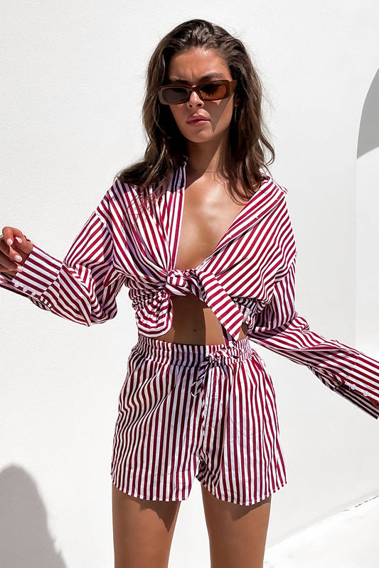 Conjunto de dos piezas formado por camisa y pantalón, para oficina, primavera y verano, informal, a rayas, manga larga y abertura