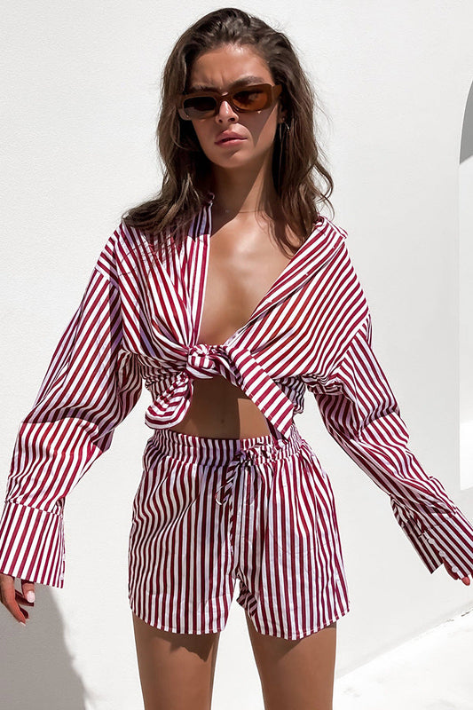 Conjunto de dos piezas formado por camisa y pantalón, para oficina, primavera y verano, informal, a rayas, manga larga y abertura