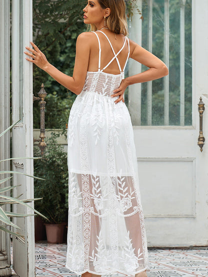Sheer Dress Dual Straps Crossover Back Adjustable Summer Casual Maxi Dresses