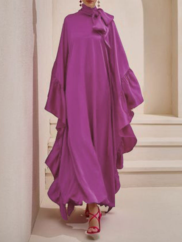 Batwing Sleeves Loose Hollow Pleated Solid Color Split-Joint High Neck Evening Dresses Maxi Dresses