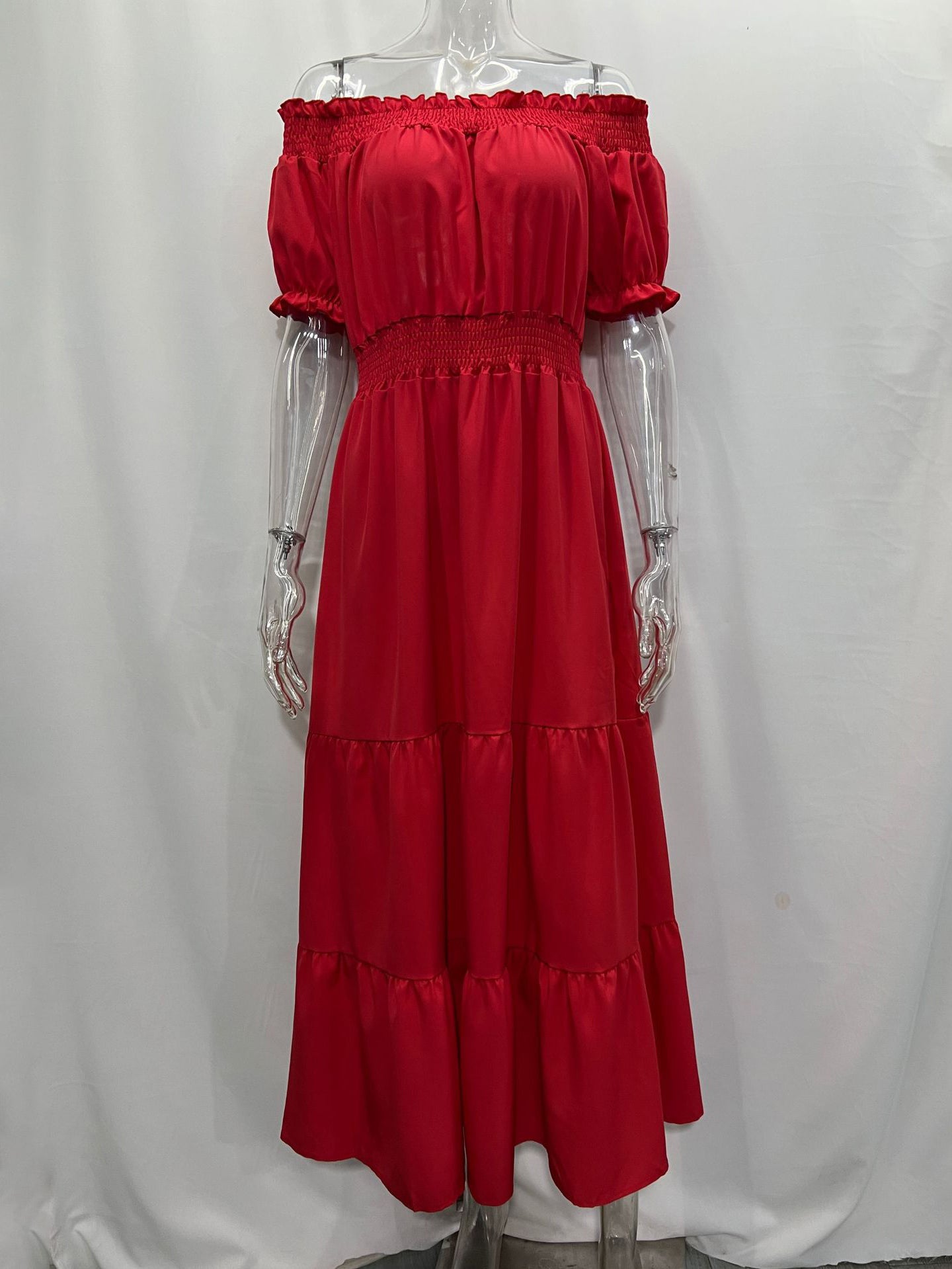 Boho Dress Off The Shoulder Pleated Tiered Casual Summer Maxi Dresses