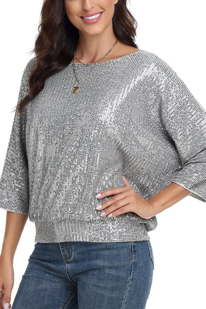 Top casual holgado de cuello redondo con lentejuelas de color liso