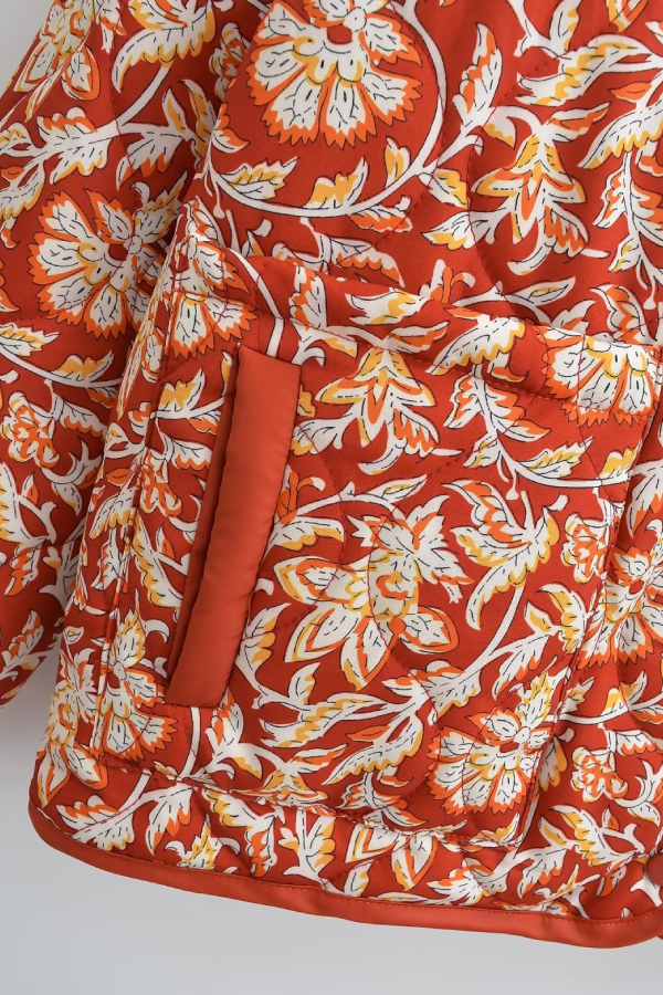 Chaqueta acolchada de algodón holgada con cuello en V y estampado floral